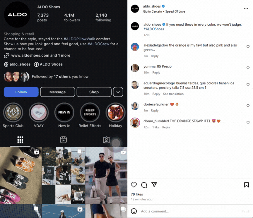 A GIF of an Instagram post from Aldo Shoes demonstrating their use of Instagram's shoppable video feature as part of their marketing strategy.